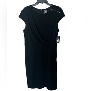 Vince Camuto Cap Sleeve Knit Sheath Dress Black Zip Neck Ruched Lined 14 NWT